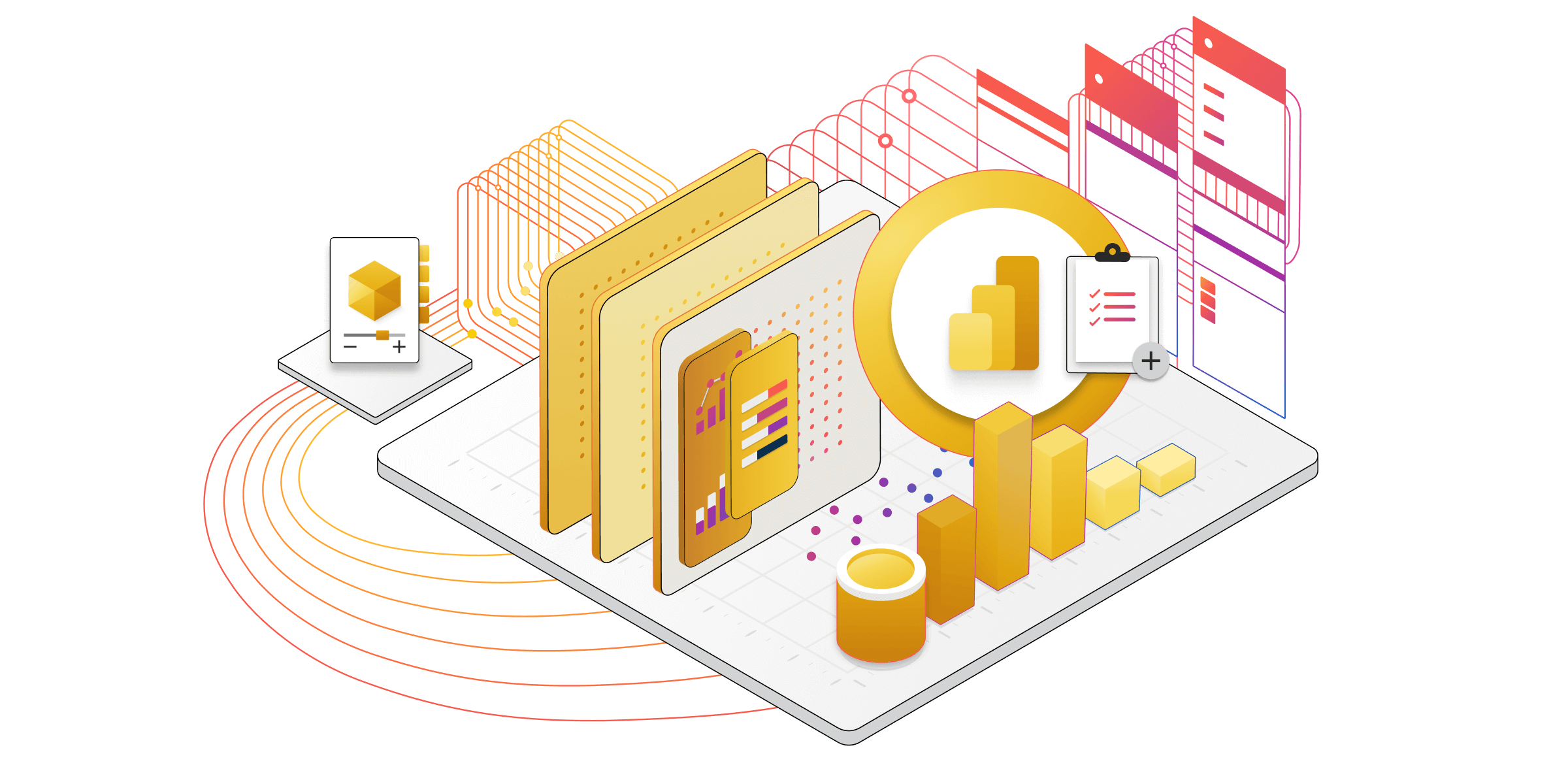 An isometric illustration of technical components for Power Bi services.